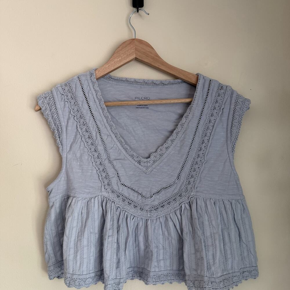 Pilcro Anthropologie Lace Trim Top XS Blue Boho Sleeveless Peplum Blouse